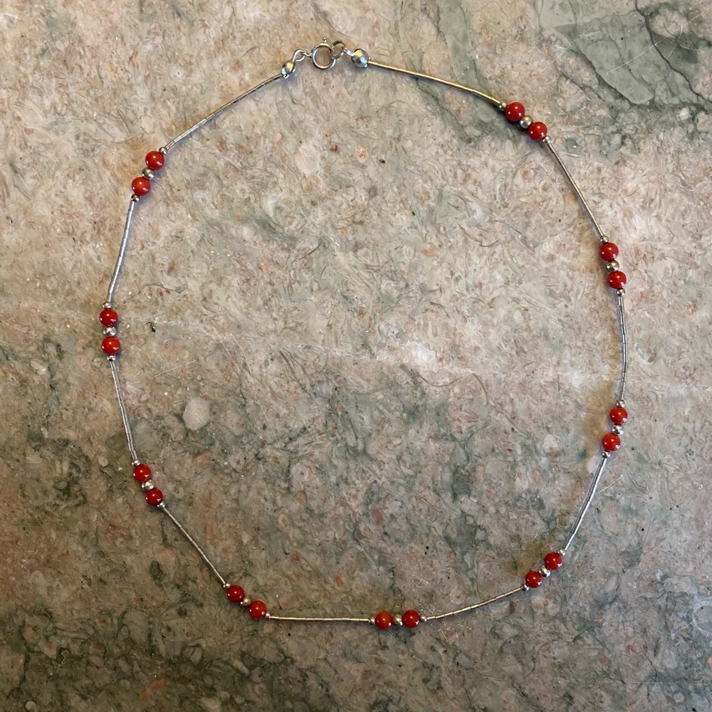 Vintage “.925” Choker Necklace (marked) with Red Coral.
